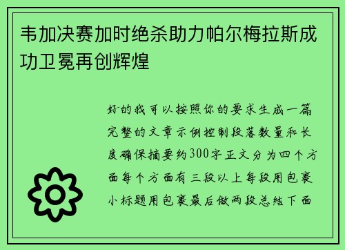 韦加决赛加时绝杀助力帕尔梅拉斯成功卫冕再创辉煌